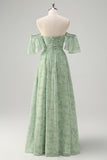 Dusty Sage Pleated A Line Off The Shoulder Prom Dress with Slit