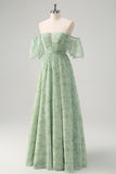 Dusty Sage Pleated A Line Off The Shoulder Prom Dress with Slit