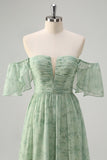 Dusty Sage Pleated A Line Off The Shoulder Prom Dress with Slit
