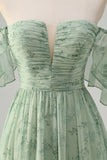 Dusty Sage Pleated A Line Off The Shoulder Prom Dress with Slit