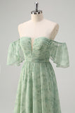 Dusty Sage Pleated A Line Off The Shoulder Prom Dress with Slit