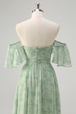 Dusty Sage Pleated A Line Off The Shoulder Prom Dress with Slit