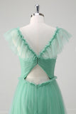 Green A Line Tulle Hollow Out Back Prom Dress