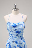 Blue A Line Floral Spaghetti Straps Maxi Bridesmaid Dress with Slit