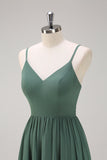 Eucalyptus A Line Spaghetti Straps Tiered Chiffon Maxi Bridesmaid Dress