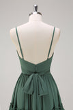 Eucalyptus A Line Spaghetti Straps Tiered Chiffon Maxi Bridesmaid Dress