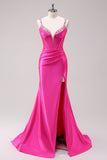 Fuchsia Ruched Corset Mermaid Prom Dress with Slit