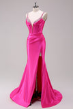 Fuchsia Ruched Corset Mermaid Prom Dress with Slit