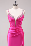 Fuchsia Ruched Corset Mermaid Prom Dress with Slit