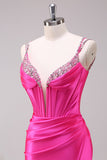 Fuchsia Ruched Corset Mermaid Prom Dress with Slit