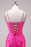 Fuchsia Ruched Corset Mermaid Prom Dress with Slit