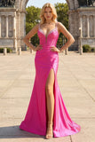 Fuchsia Ruched Corset Mermaid Satin Prom Dress