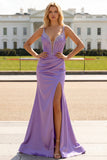 Fuchsia Ruched Corset Mermaid Satin Prom Dress