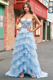 Sparkly Blue Tiered Sequined Strapless Corset Prom Dress