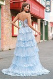 Sparkly Blue Tiered Sequined Strapless Corset Prom Dress