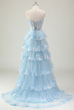 Sparkly Blue Tiered Sequined Strapless Corset Prom Dress