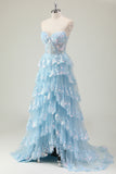 Sparkly Blue Tiered Sequined Strapless Corset Prom Dress