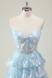 Sparkly Blue Tiered Sequined Strapless Corset Prom Dress