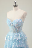 Sparkly Blue Tiered Sequined Strapless Corset Prom Dress