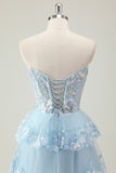 Sparkly Blue Tiered Sequined Strapless Corset Prom Dress