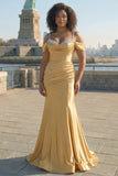 Golden Cold Shoulder Mermaid Satin Plus Size Prom Dress