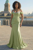 Golden Cold Shoulder Mermaid Satin Plus Size Prom Dress