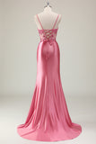Coral Mermaid Sequined Corset Prom Dress with Slit