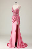 Coral Mermaid Sequined Corset Prom Dress with Slit