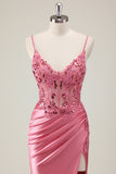 Coral Mermaid Sequined Corset Prom Dress with Slit
