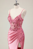 Coral Mermaid Sequined Corset Prom Dress with Slit