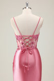 Coral Mermaid Sequined Corset Prom Dress with Slit