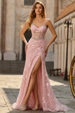Pink Mermaid Beaded Corset Prom Dress with Appliques
