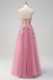Taro A Line Corset Slit Strapless Prom Dress with Flower Appliques