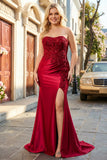 Burgundy Beaded Strapless Plus Size Mermaid Prom Dress