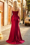 Burgundy Beaded Strapless Plus Size Mermaid Prom Dress