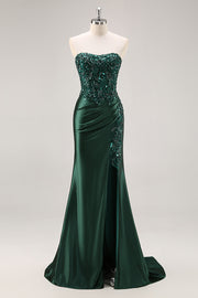 Strapless Mermaid Beaded Dark Green Prom Dress with Slit