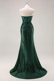 Strapless Mermaid Beaded Dark Green Prom Dress with Slit