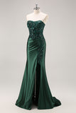 Strapless Mermaid Beaded Dark Green Prom Dress with Slit