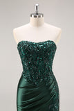 Strapless Mermaid Beaded Dark Green Prom Dress with Slit