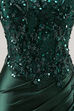 Strapless Mermaid Beaded Dark Green Prom Dress with Slit