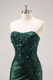 Strapless Mermaid Beaded Dark Green Prom Dress with Slit