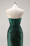 Strapless Mermaid Beaded Dark Green Prom Dress with Slit