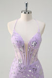Sequined Lilac Corset Mermaid Prom Dress with Lace-up Back