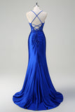 Royal Blue Mermaid Slit Ruched Satin Prom Dress with Appliques