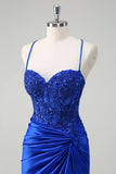Royal Blue Mermaid Slit Ruched Satin Prom Dress with Appliques