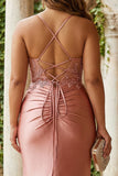 Mermaid Appliqued Ruched Dusty Rose Plus Size Prom Dress