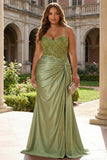 Mermaid Appliqued Ruched Plus Size Army Green Prom Dress