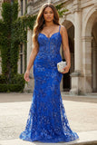 Plus Size Mermaid Corset Sequin Royal Blue Prom Dress