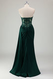 Dark Green Ruched Corset Strapless Mermaid Prom Dress with Slit