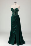 Dark Green Ruched Corset Strapless Mermaid Prom Dress with Slit